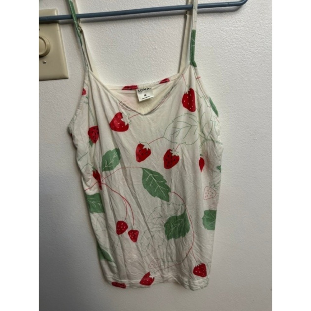 Soma Intimates Strawberry Print Camisole Sleep Top White Red Green PJ Tank M (D)